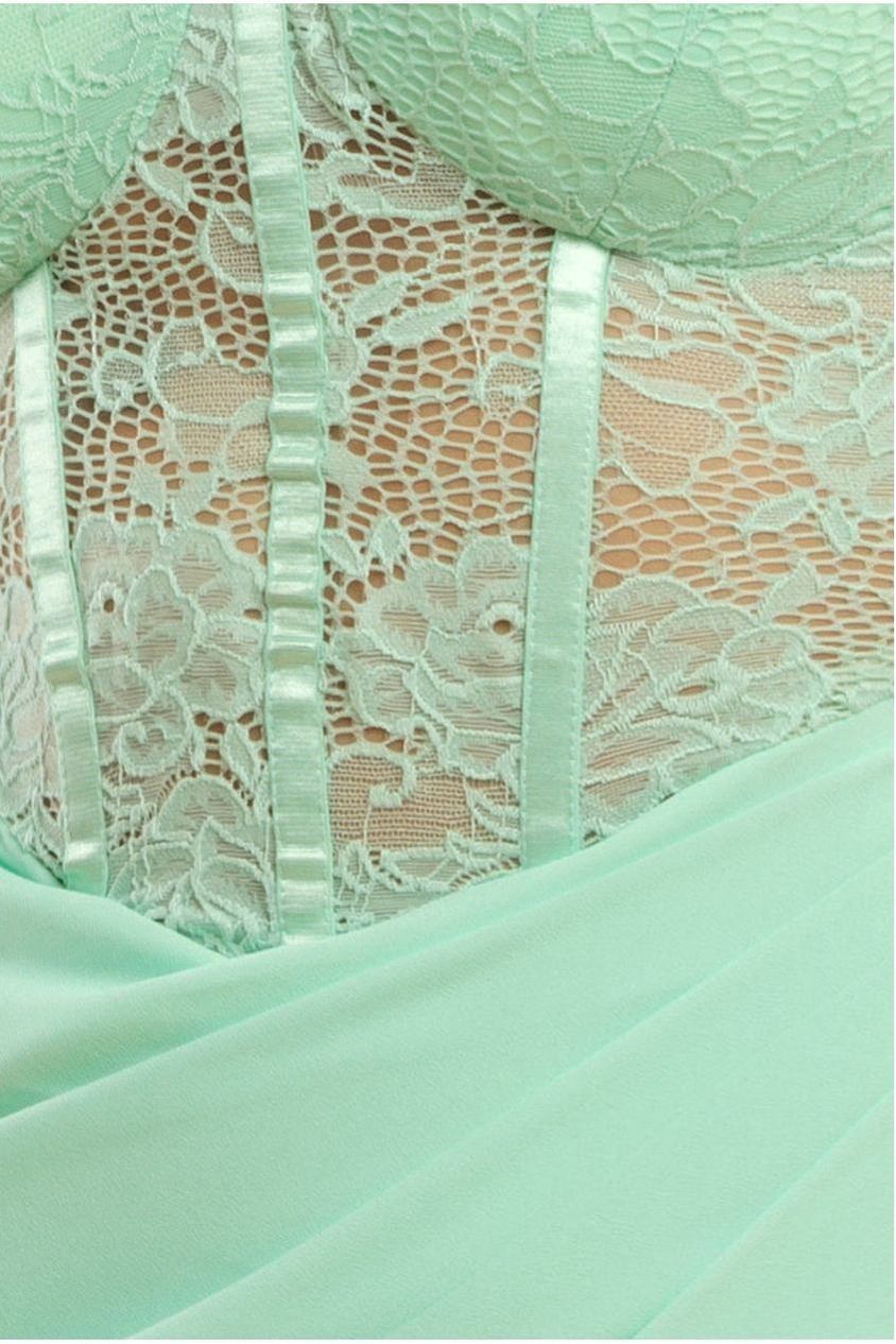 Scalloped Lace & Chiffon Winged Corset Bodice Maxi Dress - Mint Green DR4397