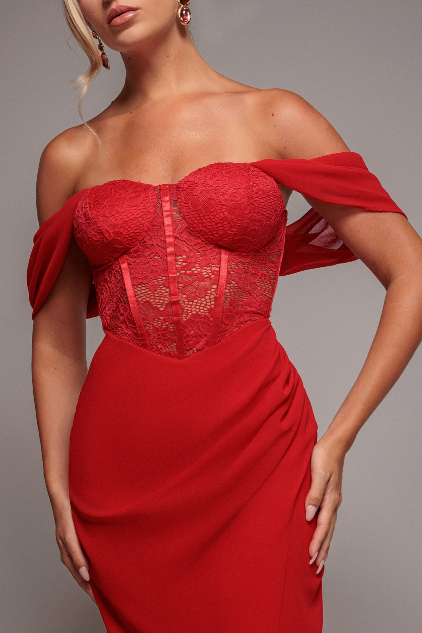 Scalloped Lace & Chiffon Winged Corset Bodice Maxi Dress - Red DR4397