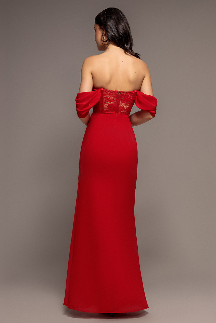 Scalloped Lace & Chiffon Winged Corset Bodice Maxi Dress - Red DR4397