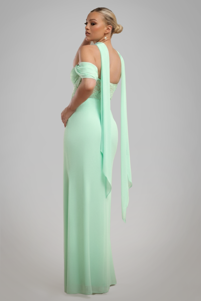 Scalloped Lace & Chiffon Winged Corset Bodice Maxi Dress - Mint Green DR4397