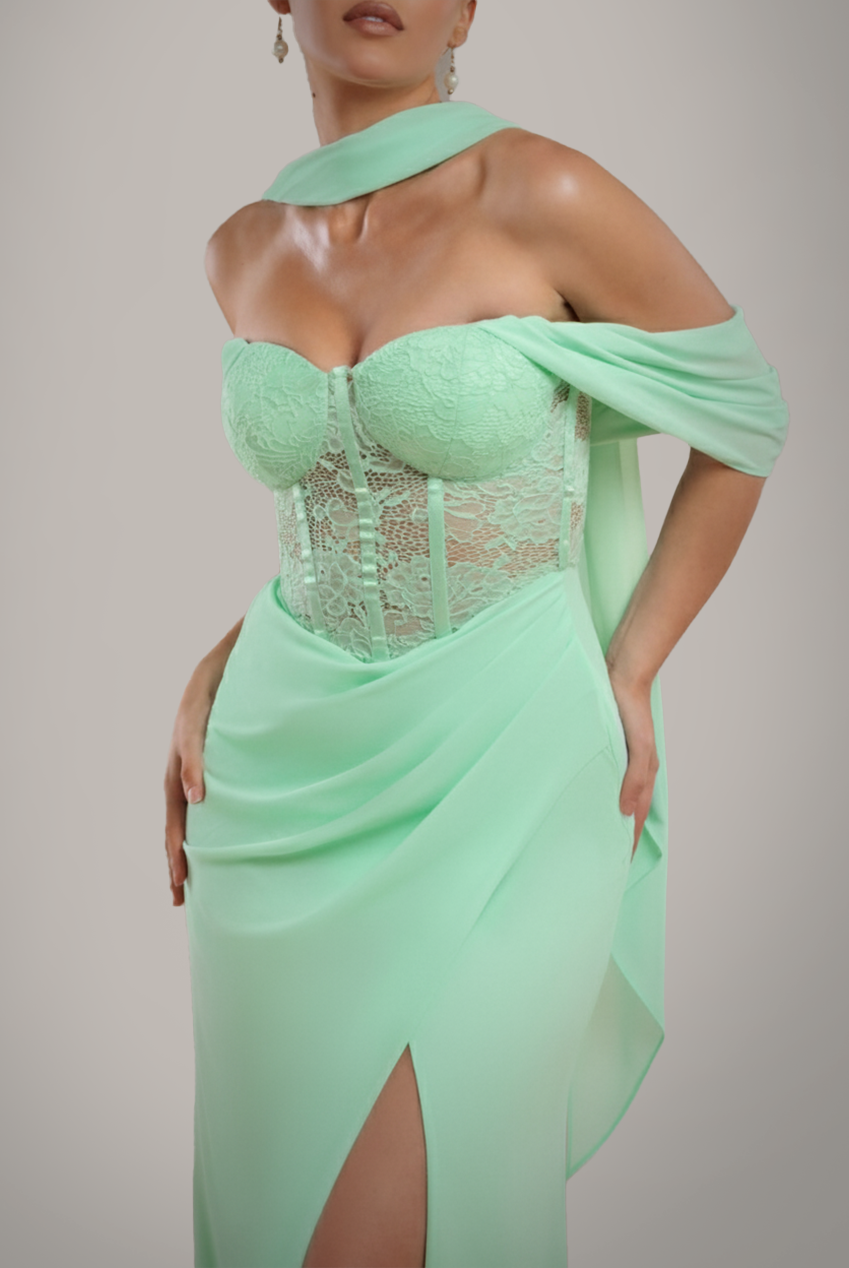 Scalloped Lace & Chiffon Winged Corset Bodice Maxi Dress - Mint Green DR4397