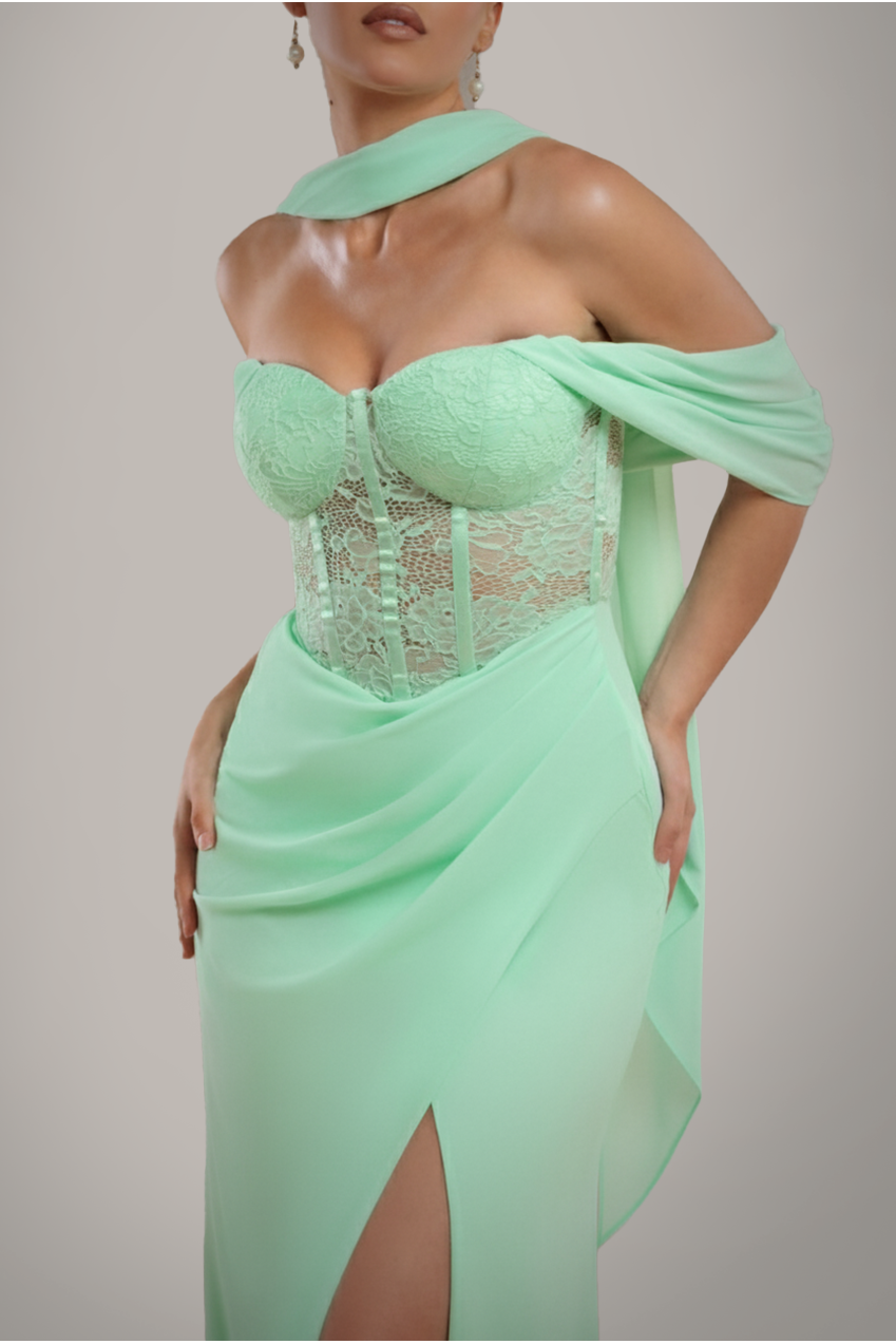 Scalloped Lace & Chiffon Winged Corset Bodice Maxi Dress - Mint Green DR4397