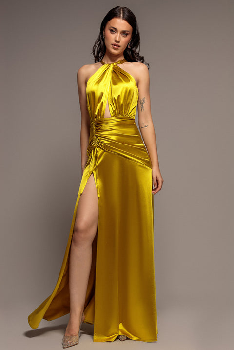 Halter Neck Front Split Satin Maxi Dress - Lime Green by Goddiva