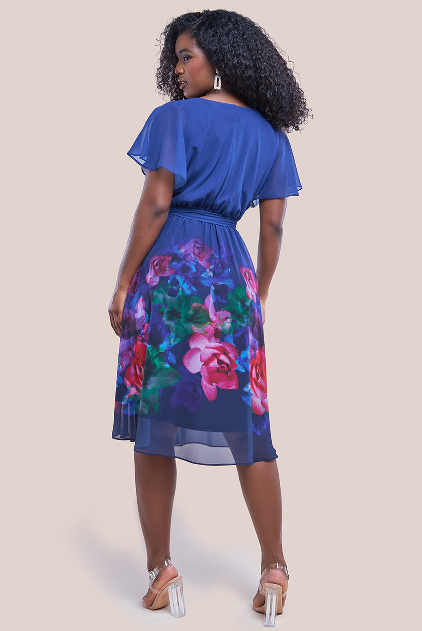 Chiffon Wrap Floral Skirt Midi Dress - Navy DR4402