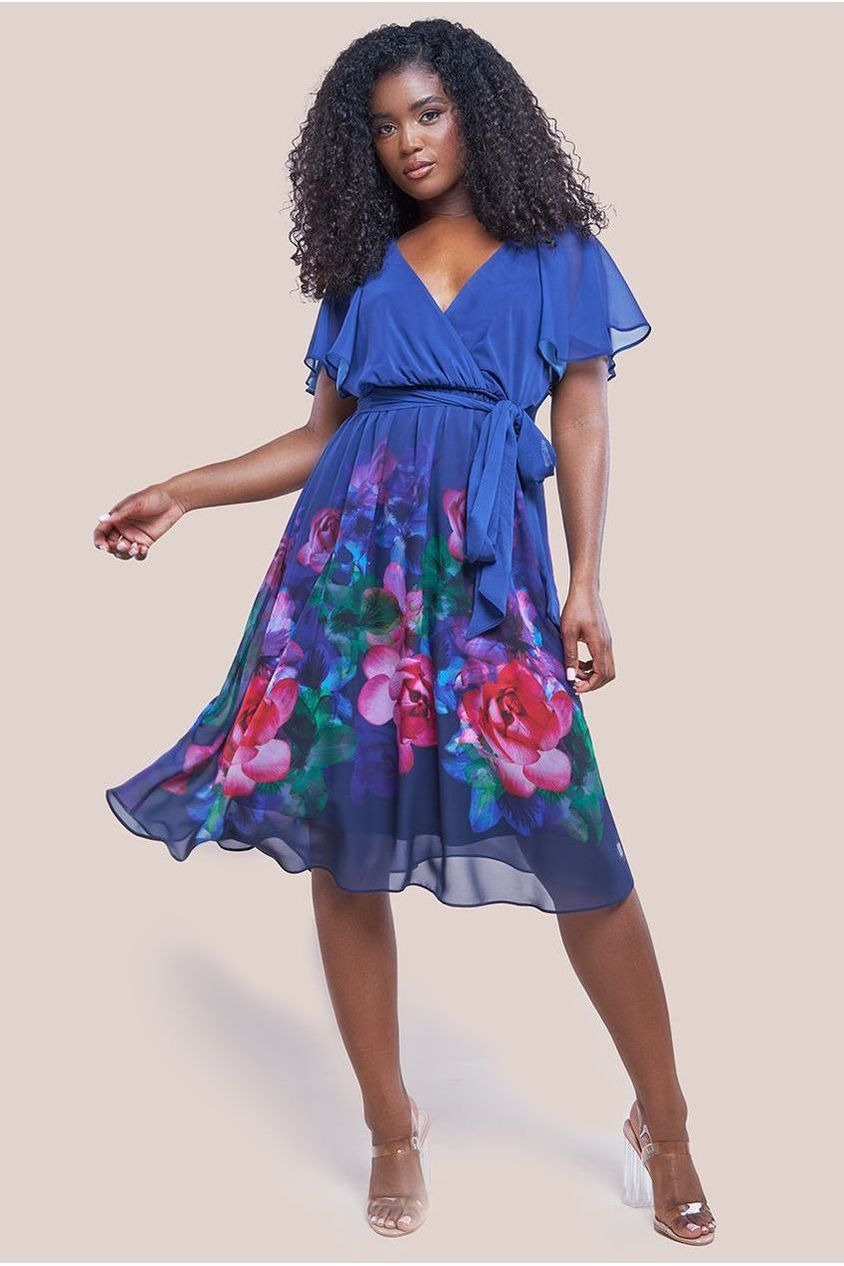 Chiffon Floral Border Print Midi Dress - Navy DR4402