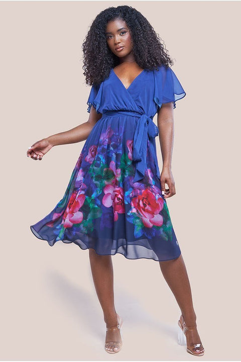 Chiffon Floral Border Print Midi Dress - Navy by Goddiva