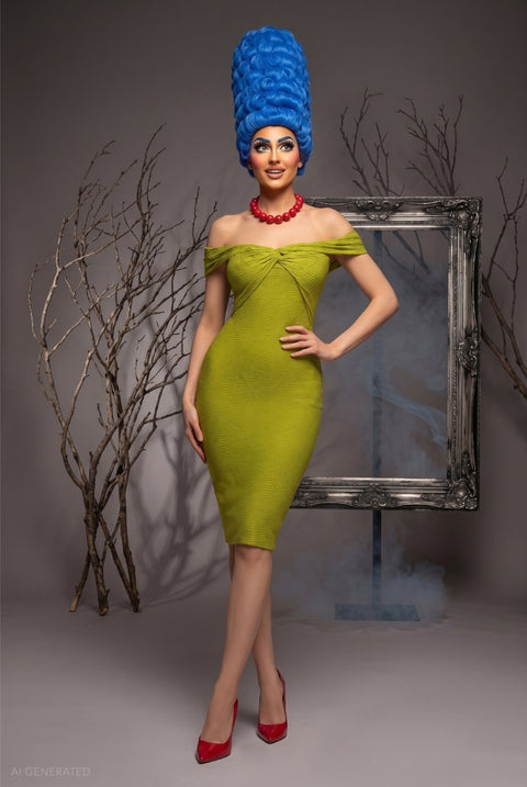 Strapless Bodycon Midi Marge Simpson-Inspired Halloween Costume - Lime Green by Goddiva