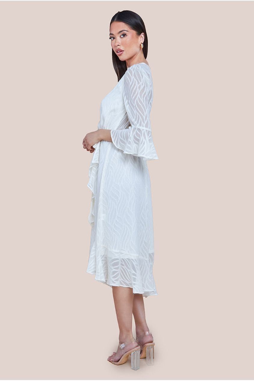 Chiffon Geo-Wave Front Frill Wrap Midi Dress - Cream DR4411