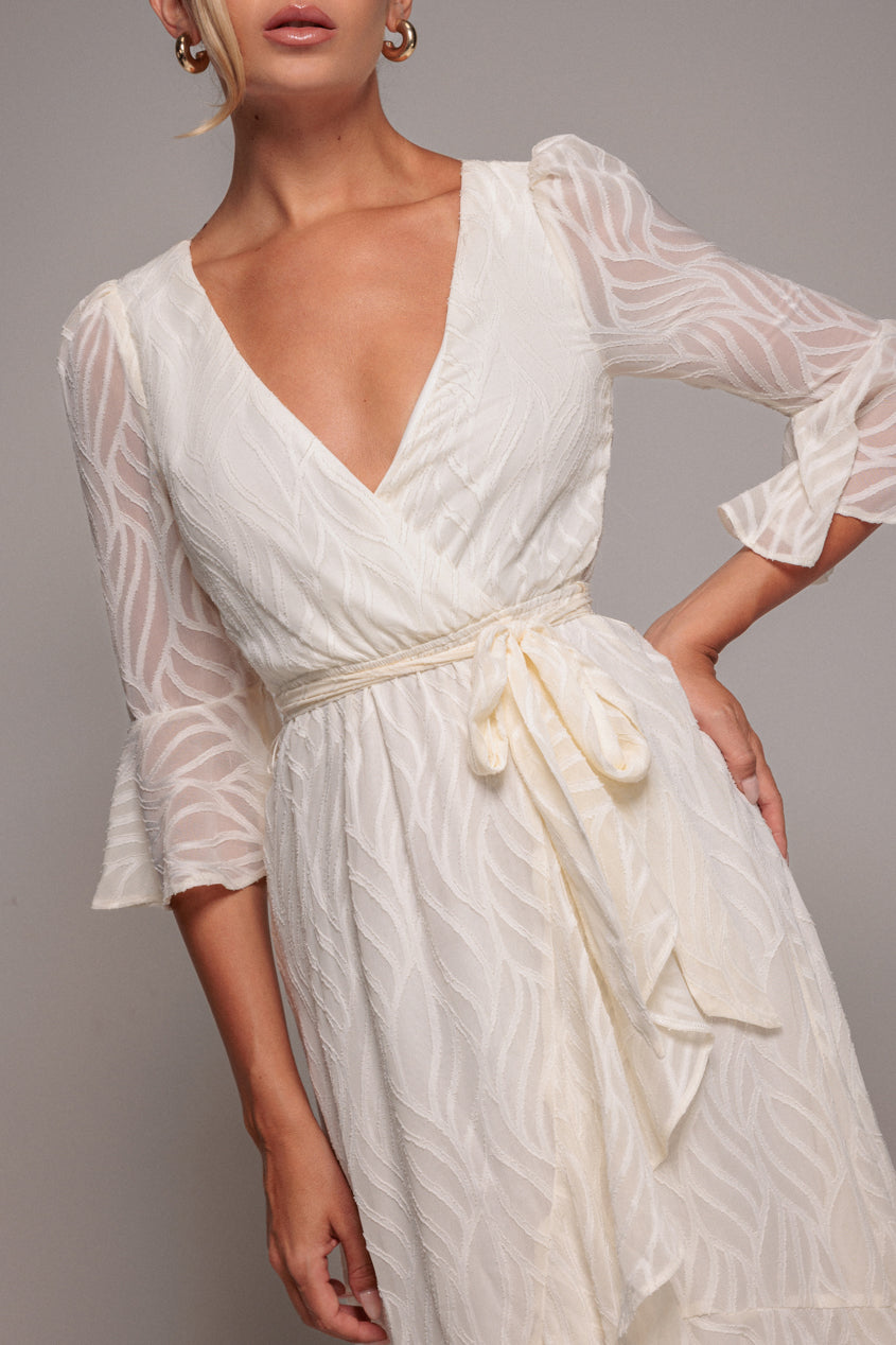 Chiffon Geo-Wave Front Frill Wrap Midi Dress - Cream DR4411