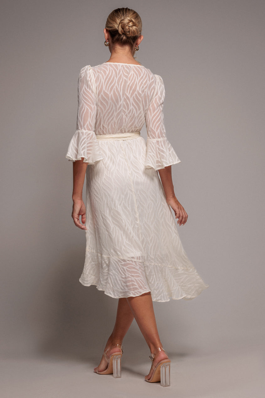 Chiffon Geo-Wave Front Frill Wrap Midi Dress - Cream DR4411