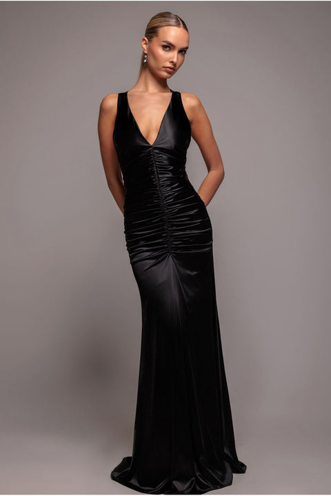 Multi-Tied Satin Gathered Ring Maxi Dress - Black by Goddiva