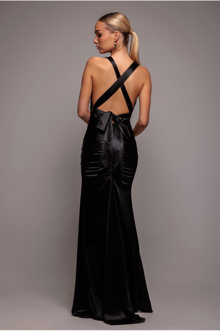 Multi-Tied Satin Gathered Ring Maxi Dress - Black DR4417