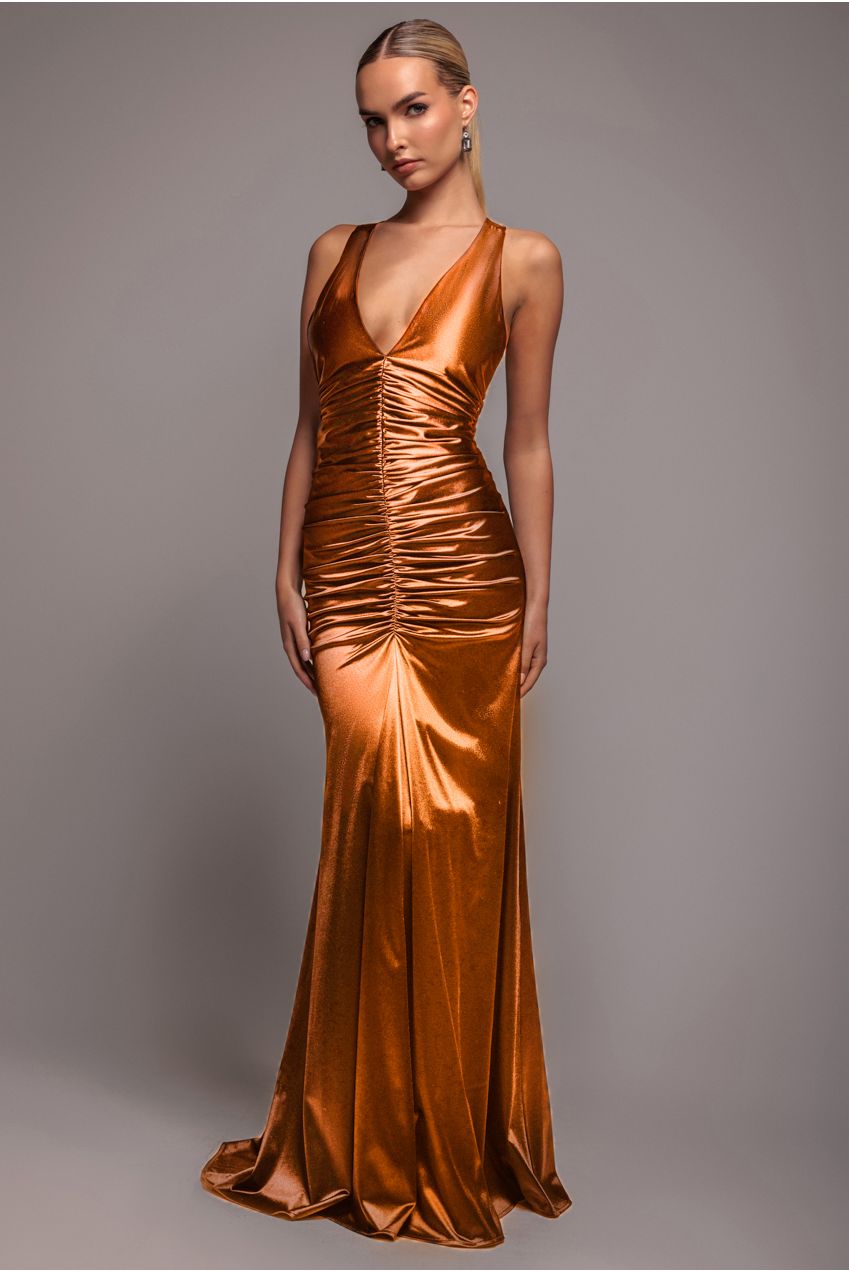 Multi-Tied Satin Gathered Ring Maxi Dress - Bronze DR4417