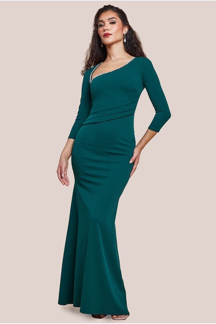 Asymmetric Neck Diamante Embellished Maxi Dress - Emerald Green DR4421