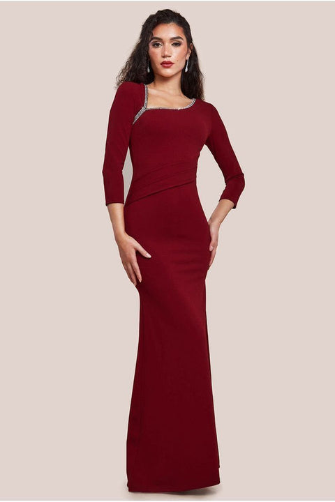 Asymmetric Neck Diamante Embellished Maxi Dress - Wine by Goddiva