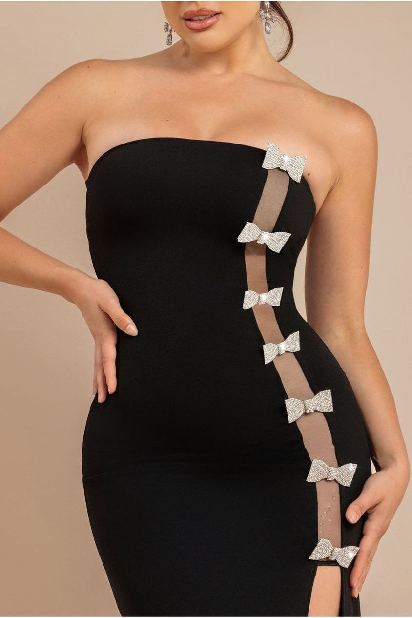 Bow Embellished Strapless Mermaid Maxi Dress - Black DR4422