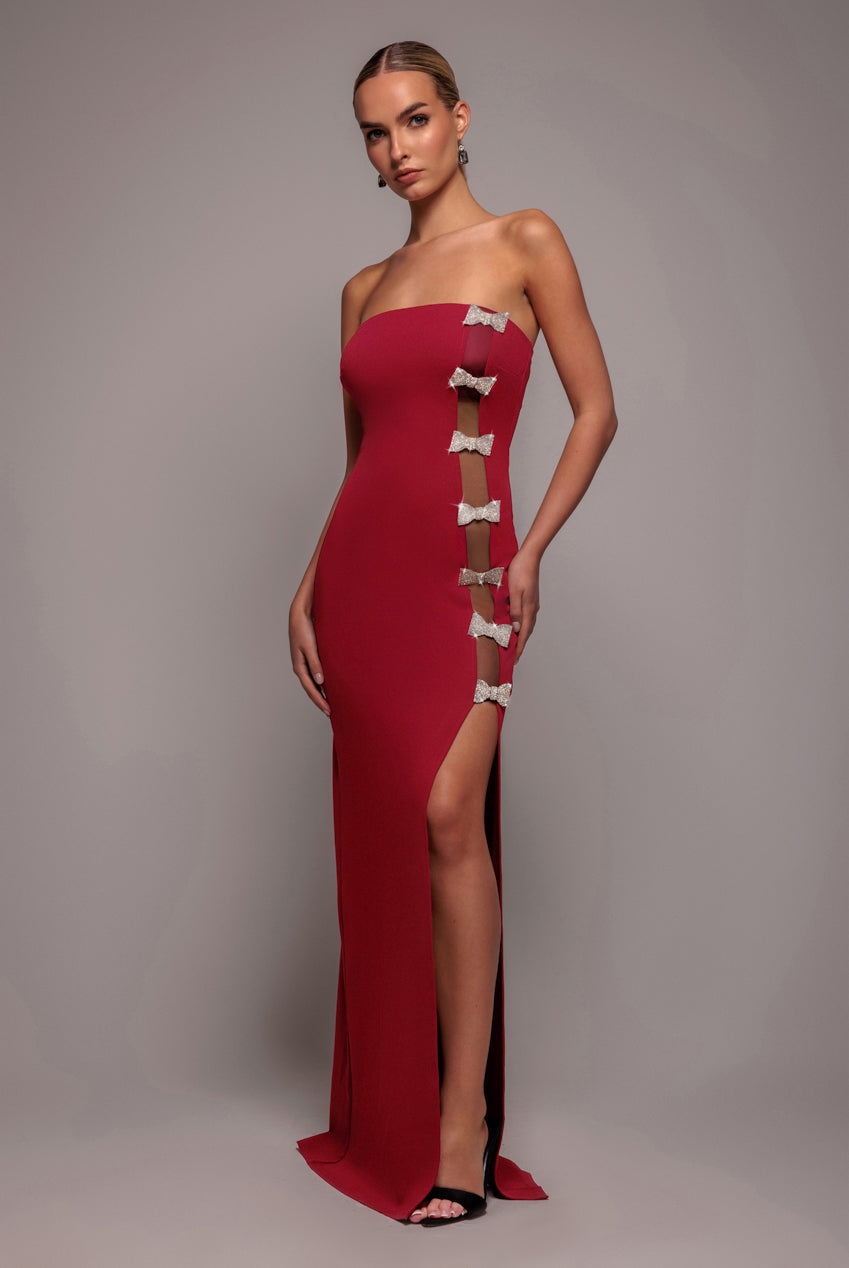 Bow Embellished Strapless Mermaid Maxi Dress - Wine DR4422