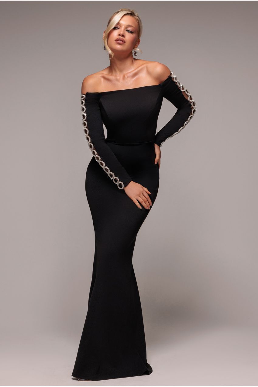 Embellished Diamante Sleeve Bardot Maxi Dress - Black DR4424