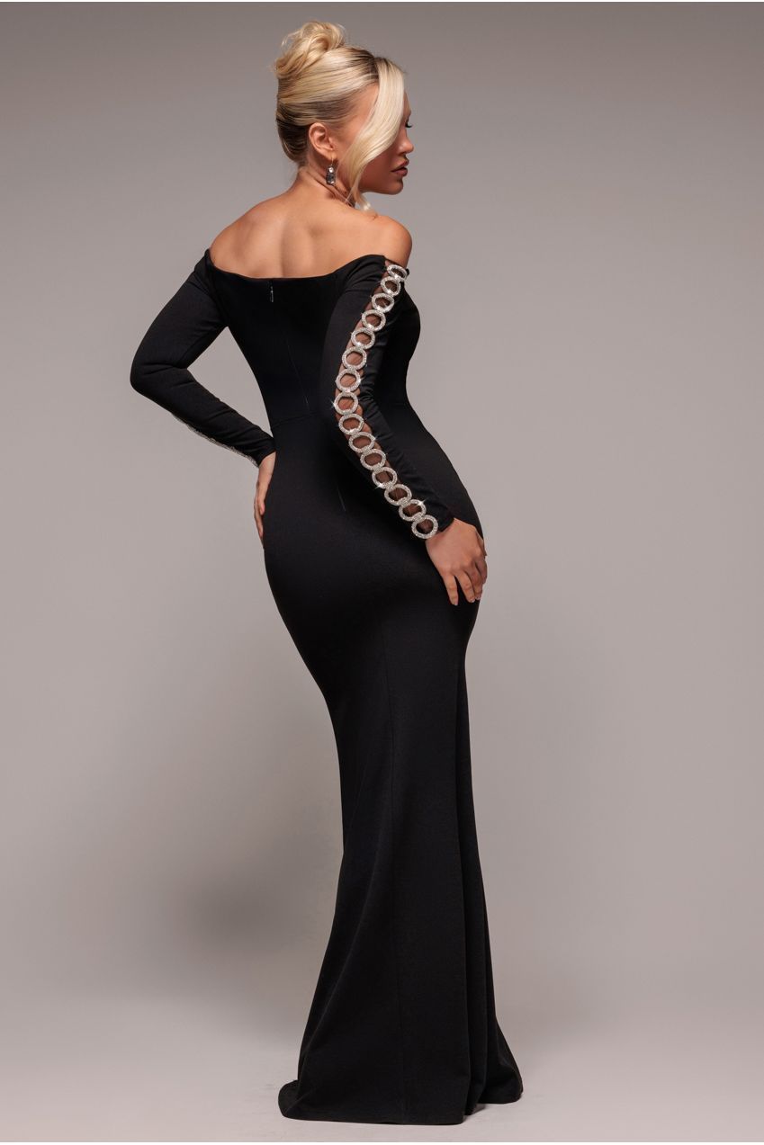 Embellished Diamante Sleeve Bardot Maxi Dress - Black DR4424