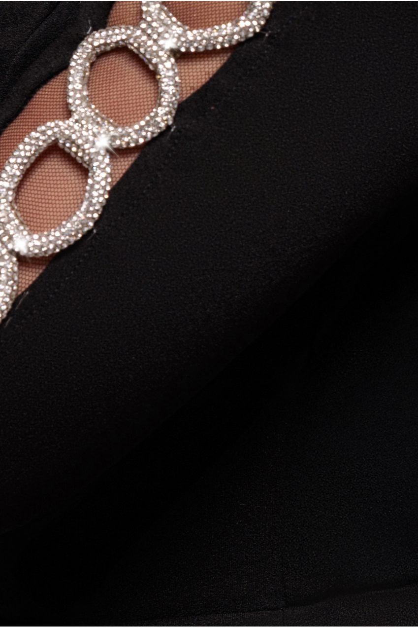 Embellished Diamante Sleeve Bardot Maxi Dress - Black DR4424