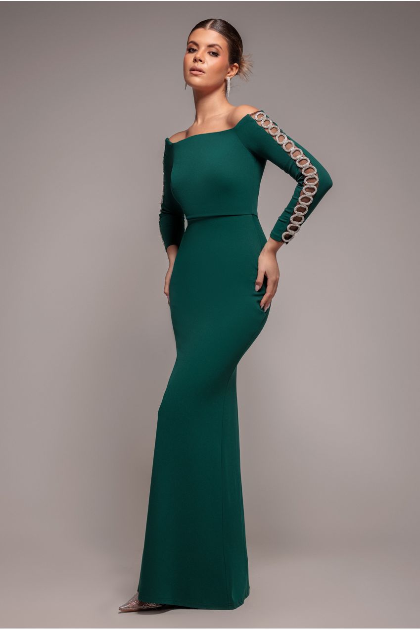 Embellished Diamante Sleeve Bardot Maxi Dress - Emerald Green DR4424