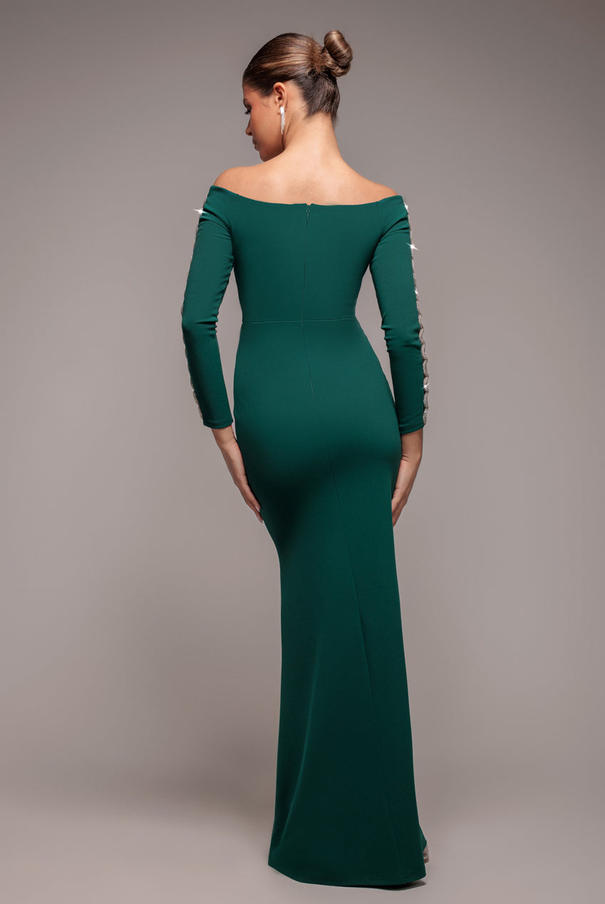Embellished Diamante Sleeve Bardot Maxi Dress - Emerald Green DR4424