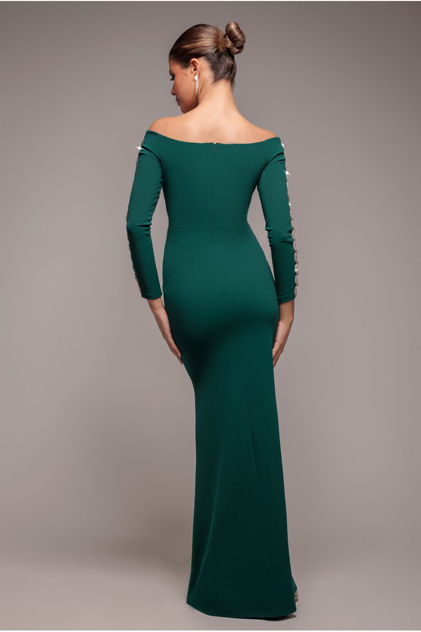 Embellished Diamante Sleeve Bardot Maxi Dress - Emerald Green DR4424