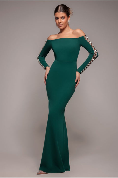 Embellished Diamante Sleeve Bardot Maxi Dress - Emerald Green by Goddiva