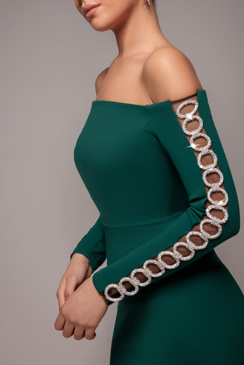 Embellished Diamante Sleeve Bardot Maxi Dress - Emerald Green DR4424