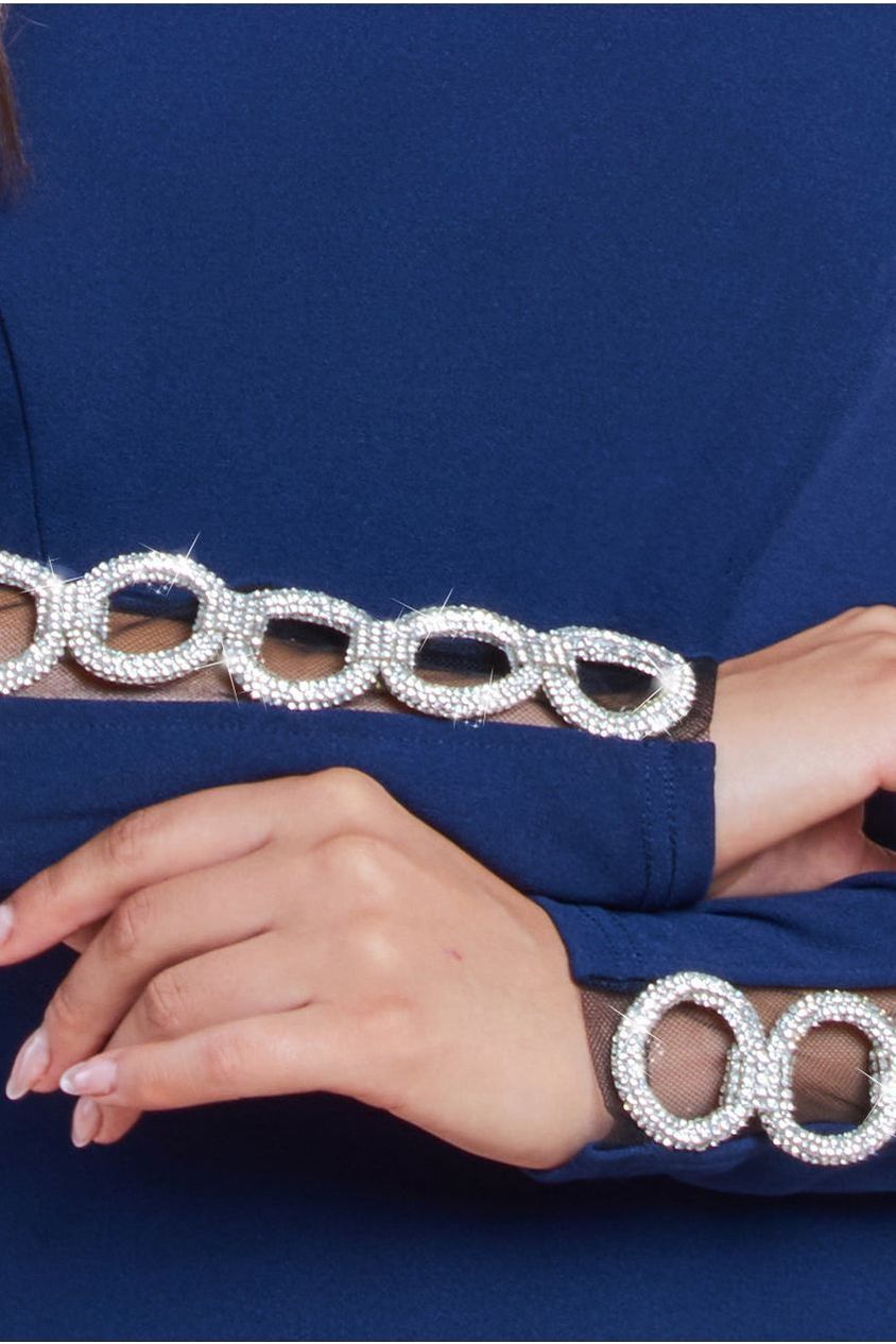 Embellished Diamante Sleeve Bardot Maxi Dress - Navy DR4424