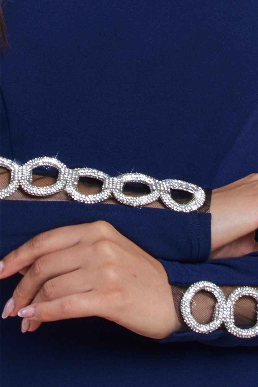 Embellished Diamante Sleeve Bardot Maxi Dress - Navy DR4424