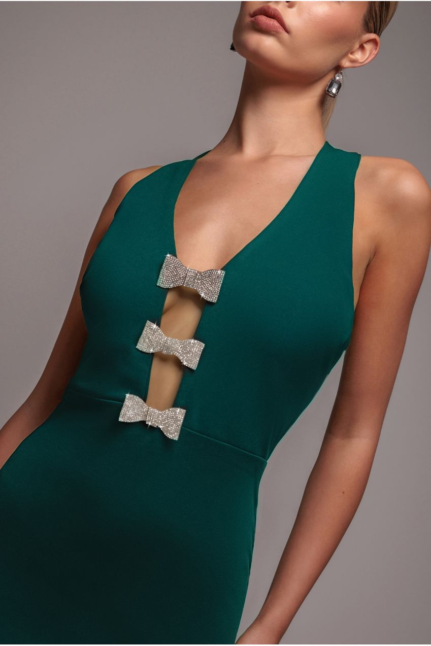 Embellished Diamante Bow Mermaid Halter Neck Maxi Dress - Emerald DR4432