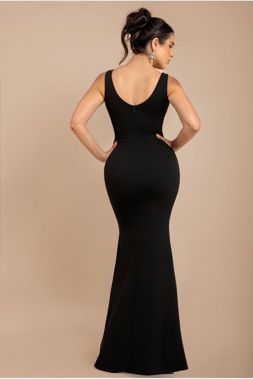 Diamante Brooch Thigh Split Mermaid Maxi Dress - Black DR4433