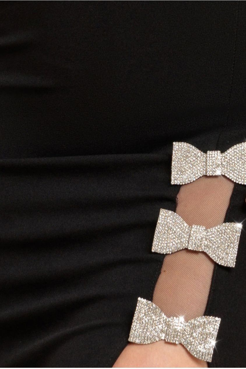 Diamante Brooch Thigh Split Mermaid Maxi Dress - Black DR4433