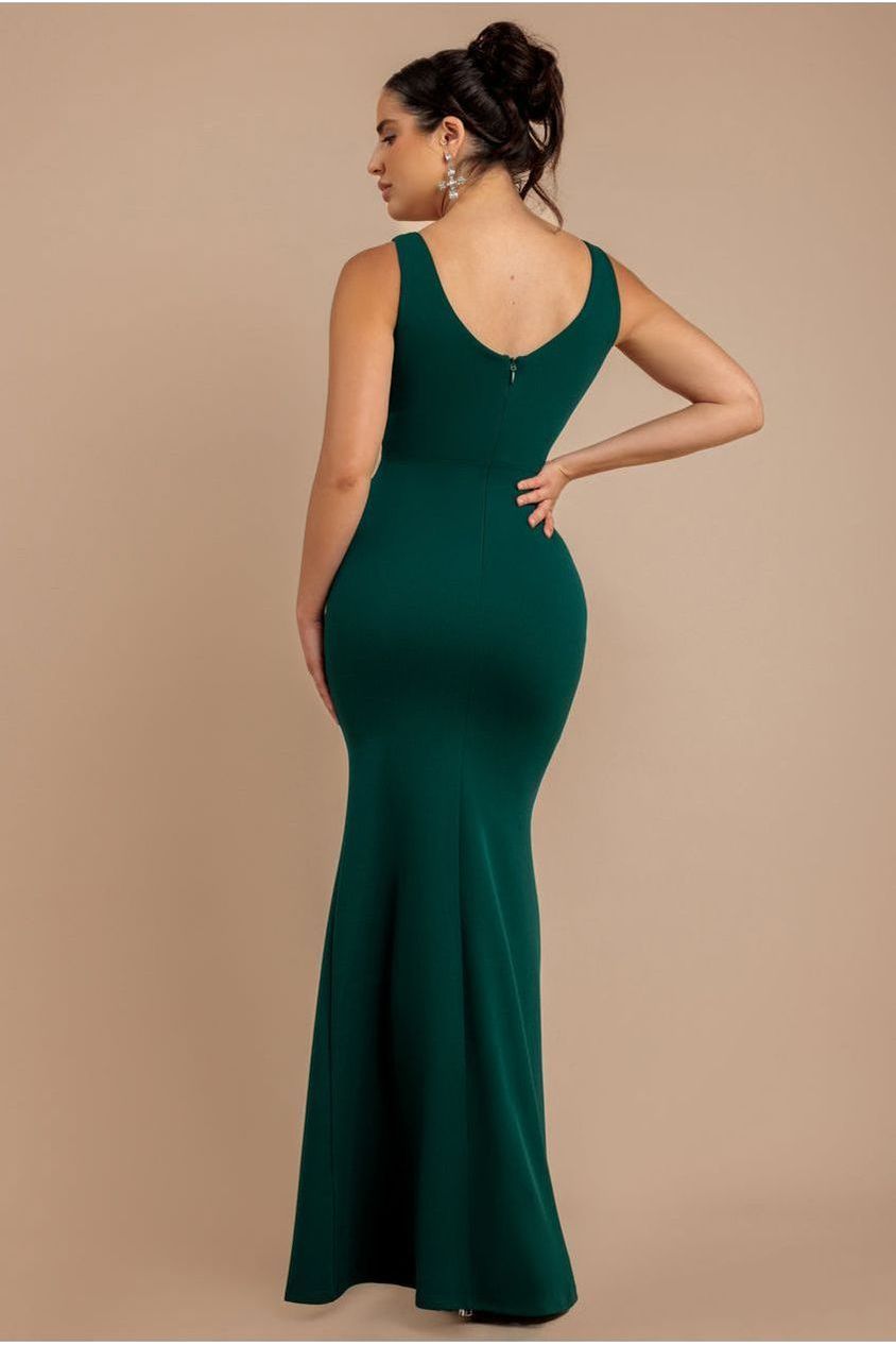 Diamante Brooch Thigh Split Mermaid Maxi Dress - Emerald DR4433