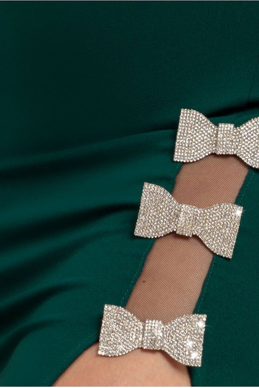 Diamante Brooch Thigh Split Mermaid Maxi Dress - Emerald DR4433