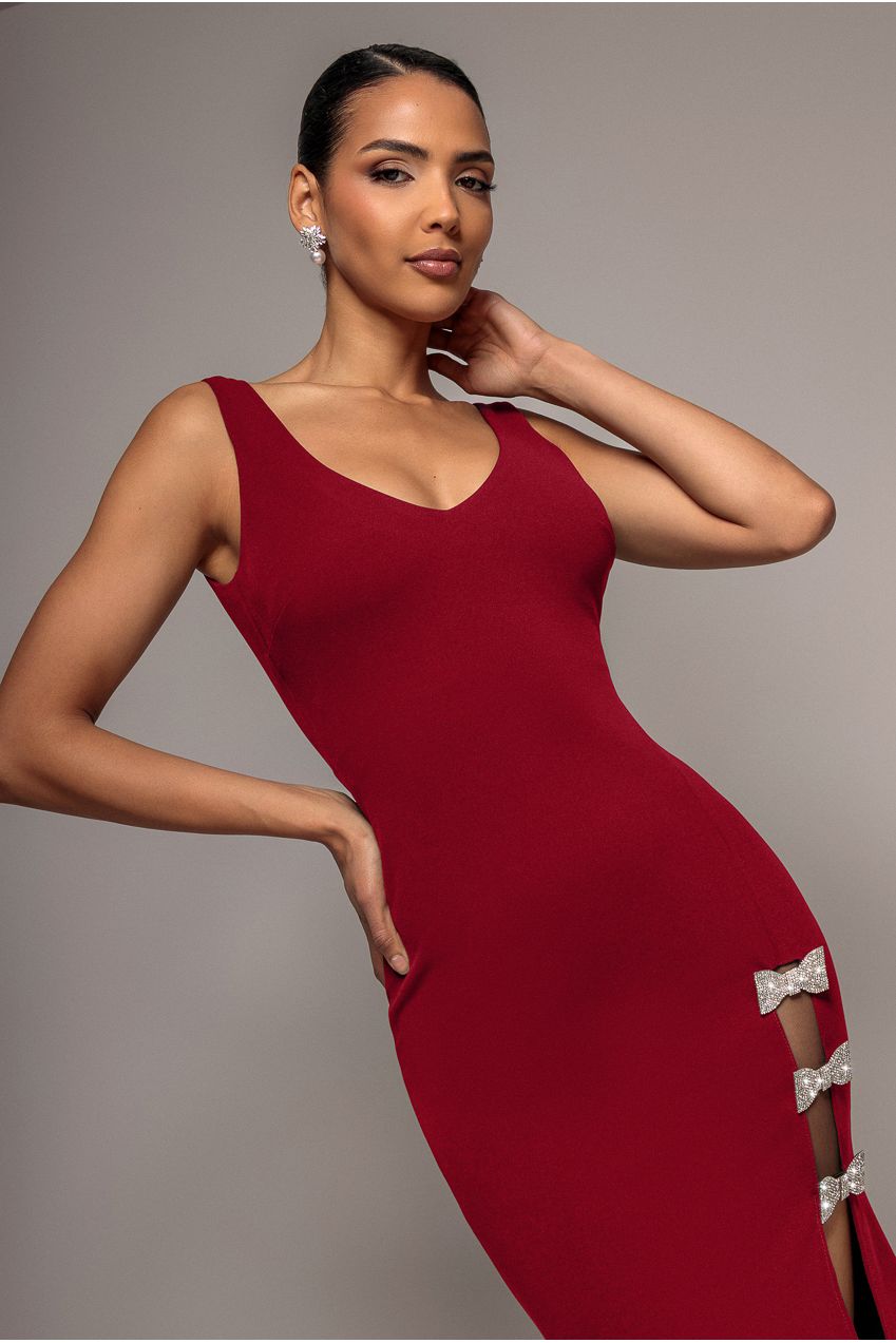 Diamante Brooch Thigh Split Mermaid Maxi Dress - Wine DR4433
