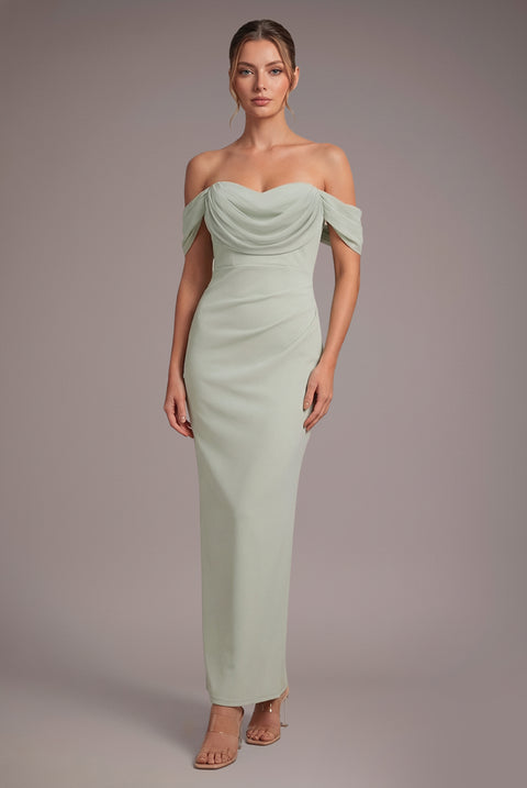 Petite Bardot Scuba & Chiffon Cowl Maxi Dress - Sage Green by Goddiva