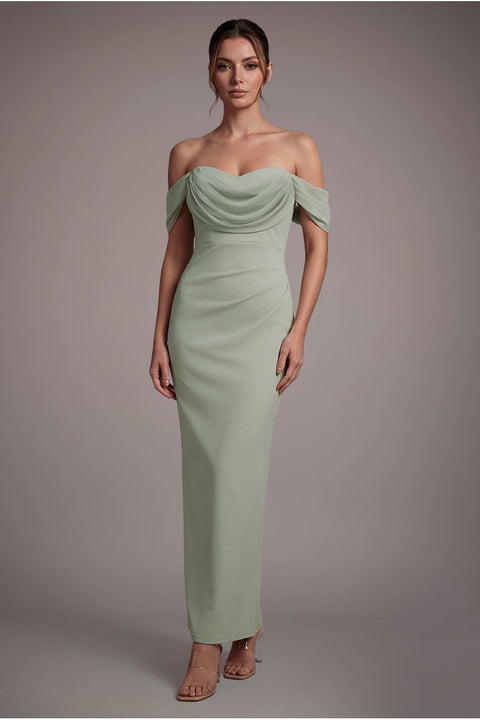 Petite Bardot Scuba & Chiffon Cowl Maxi Dress - Sage Green by Goddiva