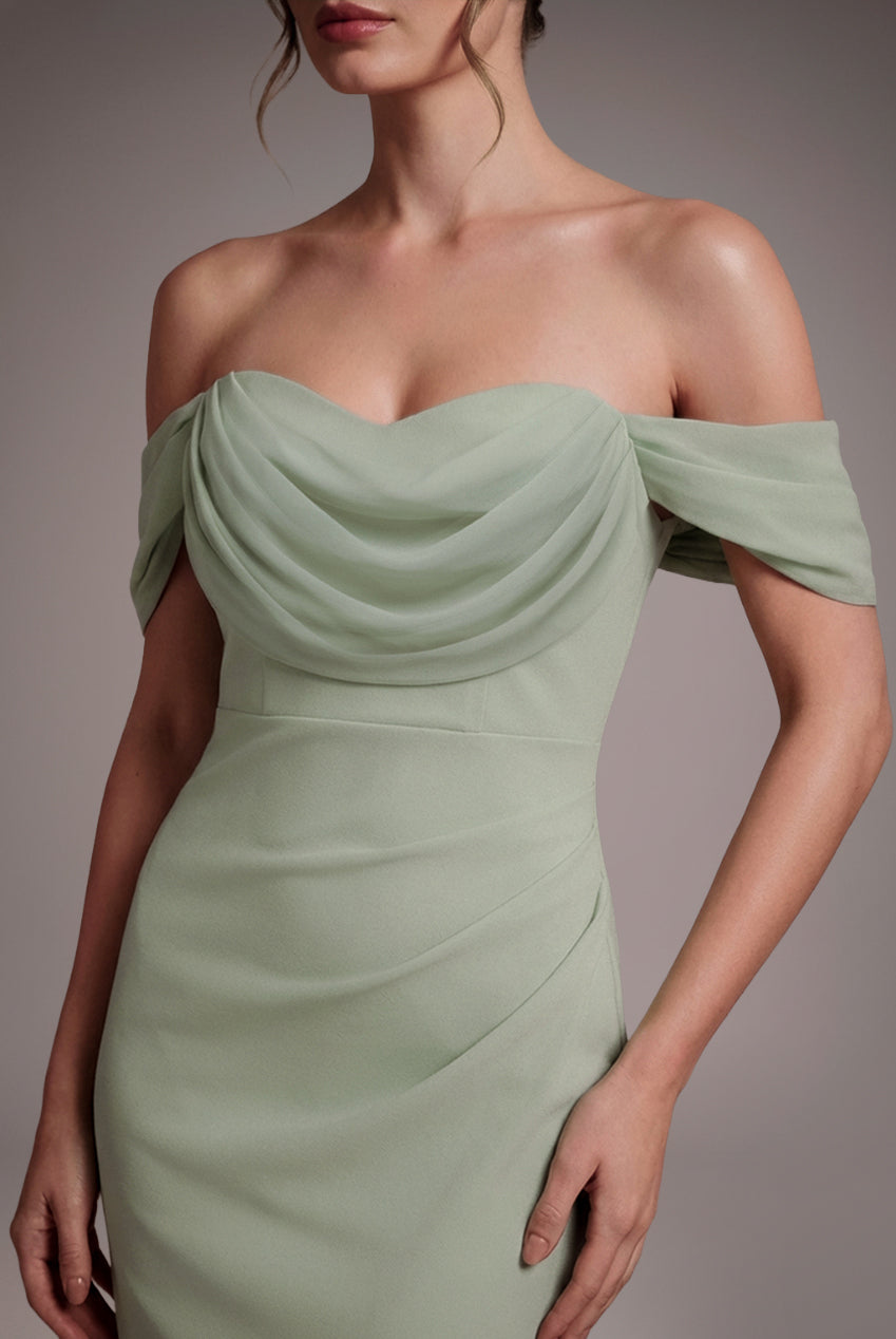 Petite Bardot Scuba & Chiffon Cowl Maxi Dress - Sage Green DR4438QZPETITE
