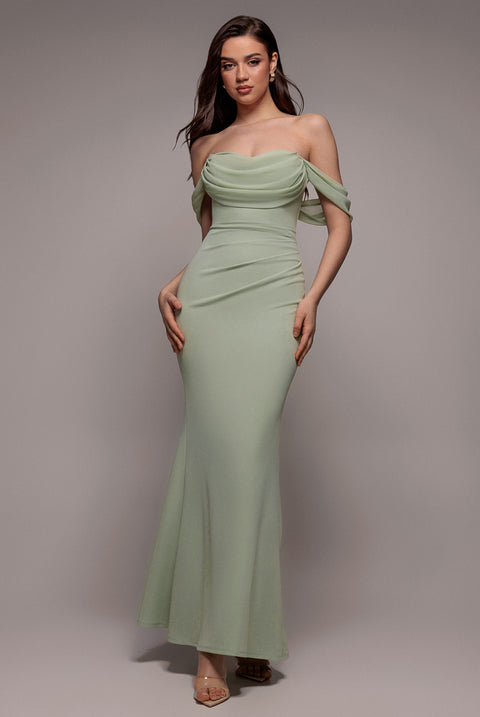 Bardot Scuba & Chiffon Cowl Maxi Dress - Sage Green by Goddiva