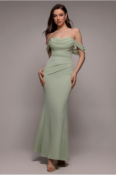 Bardot Scuba & Chiffon Cowl Maxi Dress - Sage Green by Goddiva