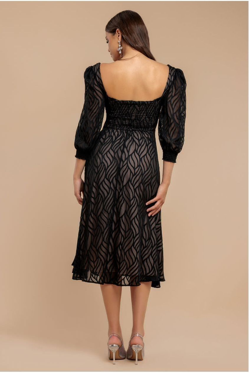 Puff Sleeve Side Slit Flared Jacquard Chiffon Midi Dress - Black DR4447