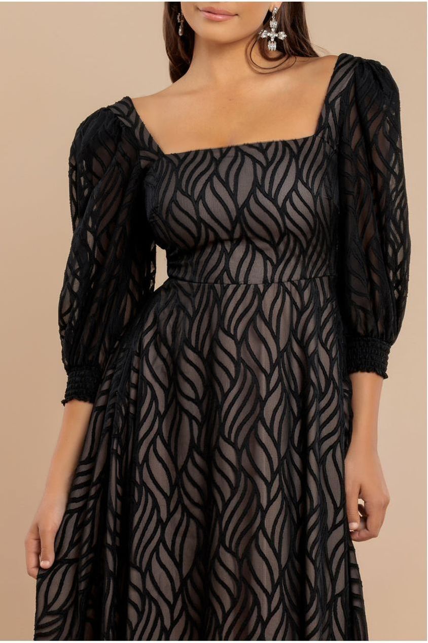 Puff Sleeve Side Slit Flared Jacquard Chiffon Midi Dress - Black DR4447