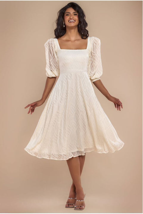 Puff Sleeve Side Slit Flared Jacquard Chiffon Midi Dress - Cream by Goddiva