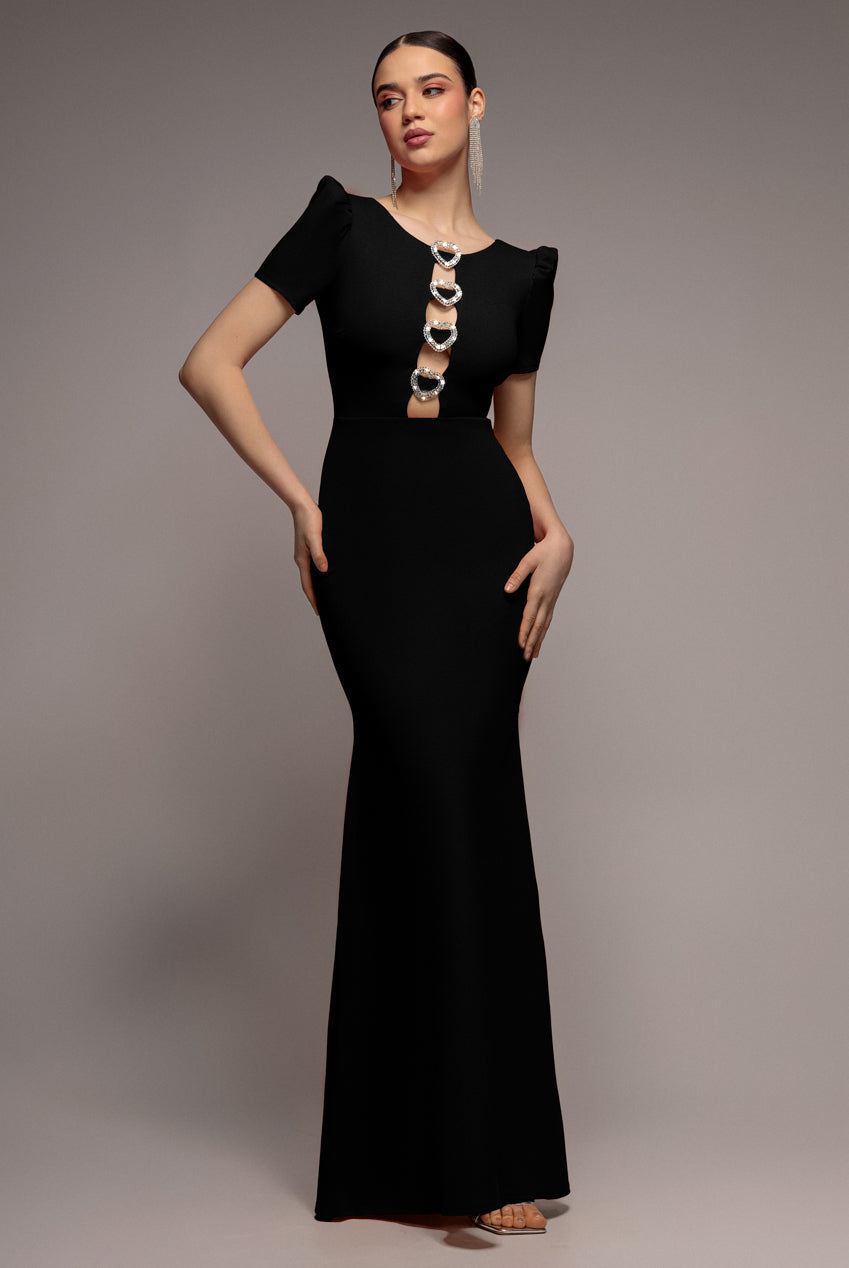 Diamante Embellished Heart Brooch Scuba Maxi Dress - Black DR4458