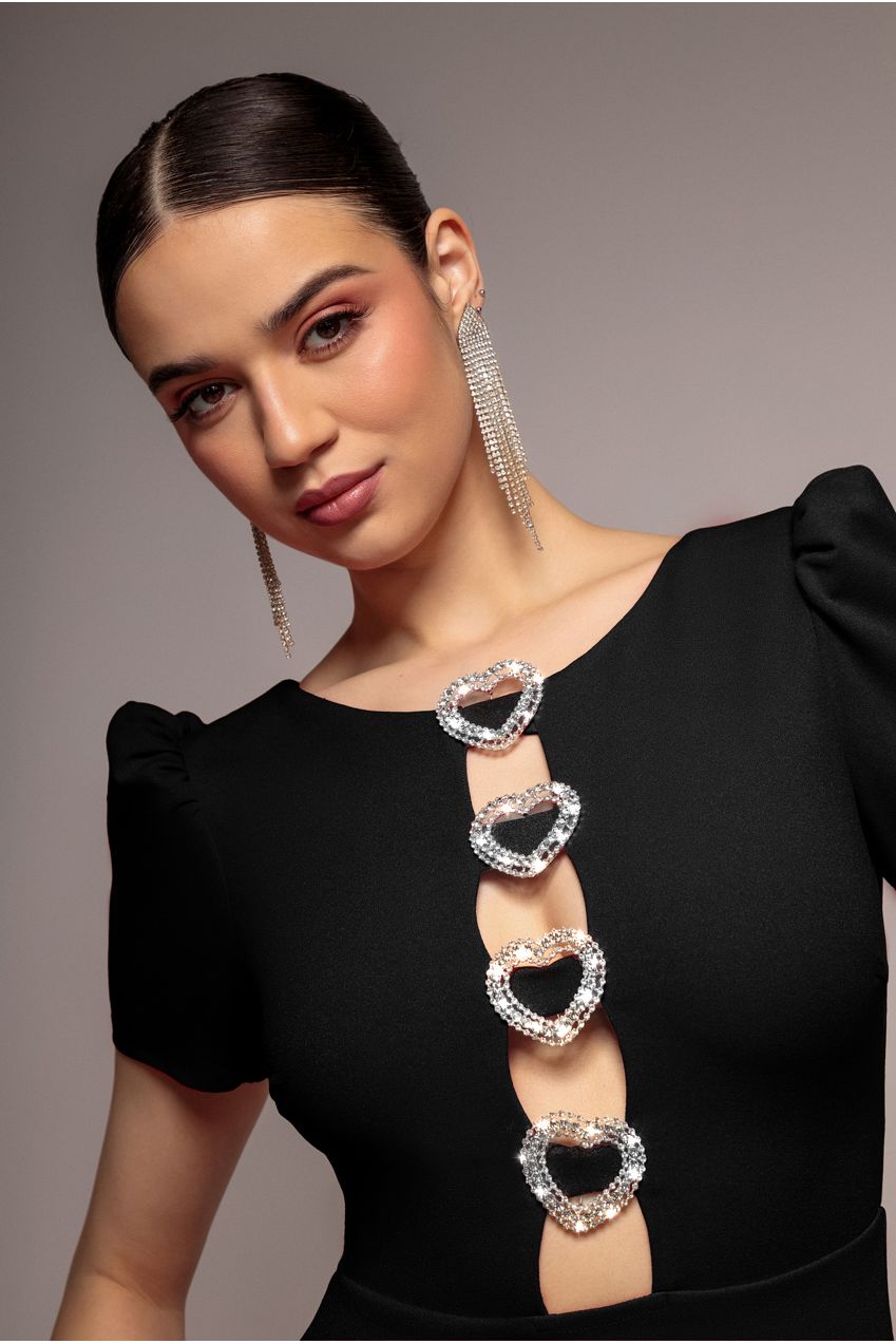 Diamante Embellished Heart Brooch Scuba Maxi Dress - Black DR4458
