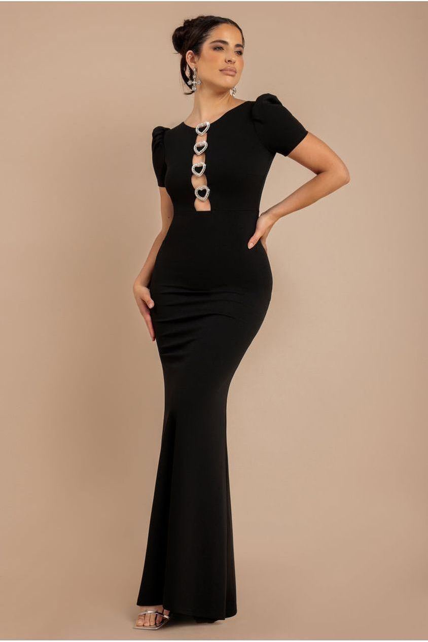 Diamante Embellished Heart Brooch Scuba Maxi Dress - Black DR4458