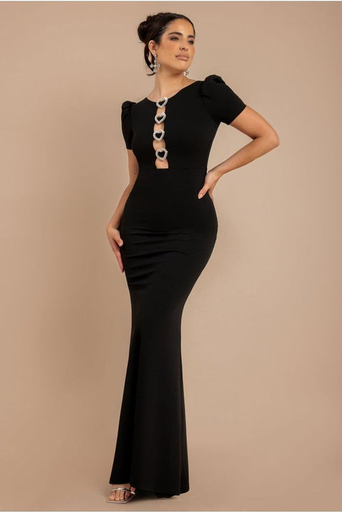Diamante Embellished Heart Brooch Scuba Maxi Dress - Black by Goddiva