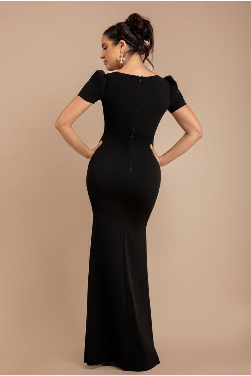 Diamante Embellished Heart Brooch Scuba Maxi Dress - Black DR4458